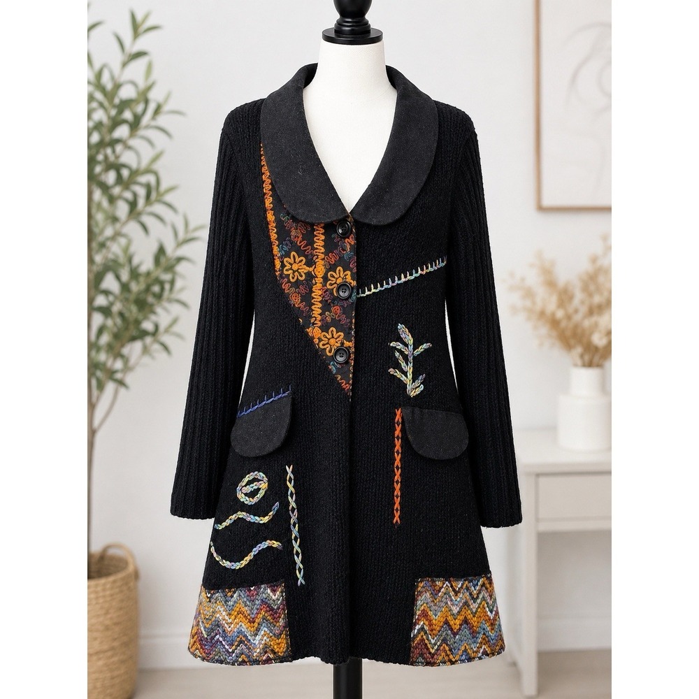 Sioni Black Boho Embroidered Patchwork Button Front Sweater Coat Cardigan Boho
